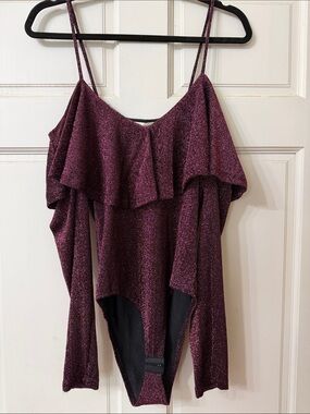 Sparkling Plum Off-Shoulder Ruffle Bodysuit